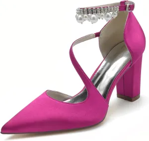 Women's Pearl Ankle Strap Bridal Shoes Satin Chunky Block Heel Wedding High Heels Closed Pointed Toe Sandals