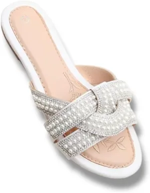 Women's Pearl Embellished Slide Sandals, Flat Comfort Slippers, 3 Colors - Black, White, Beige
