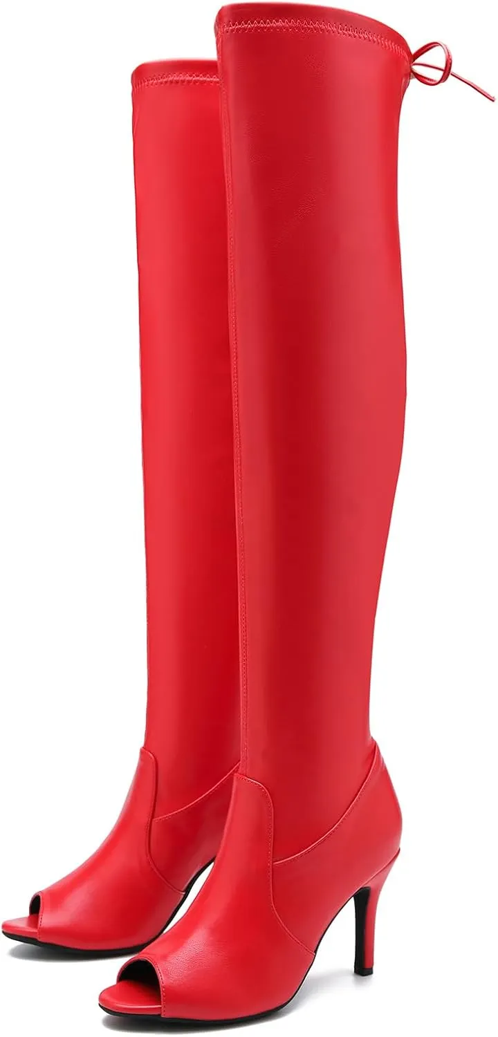 Women's Peep Toe Thigh High Boots Over The Knee Boot Sexy Stiletto Heel Lace Up Open Toe Pull on Long Boots