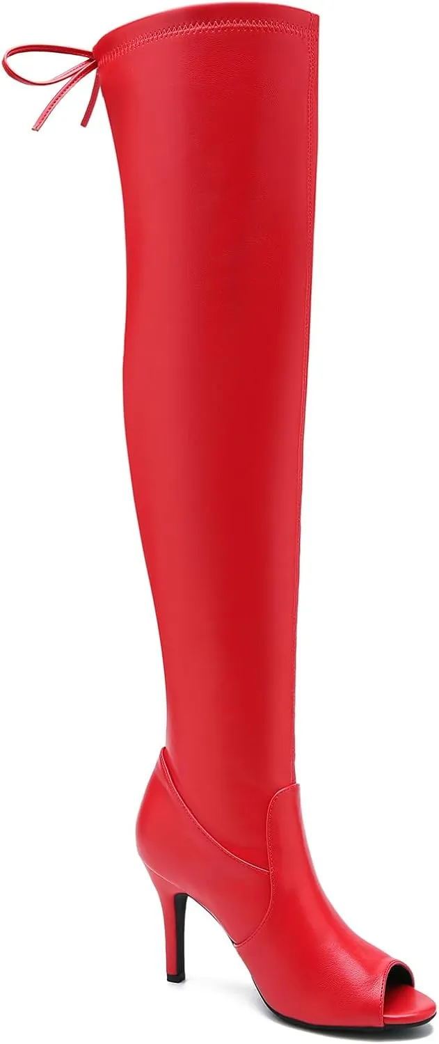 Women's Peep Toe Thigh High Boots Over The Knee Boot Sexy Stiletto Heel Lace Up Open Toe Pull on Long Boots