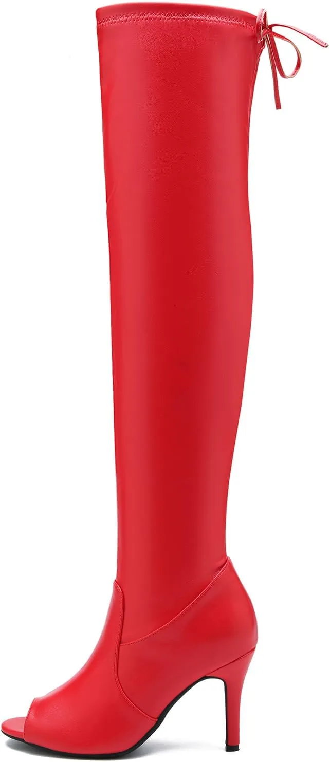 Women's Peep Toe Thigh High Boots Over The Knee Boot Sexy Stiletto Heel Lace Up Open Toe Pull on Long Boots