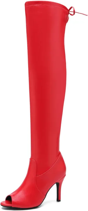 Women's Peep Toe Thigh High Boots Over The Knee Boot Sexy Stiletto Heel Lace Up Open Toe Pull on Long Boots