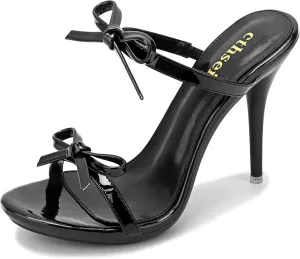 Women's Platform Heeled Sandals Strappy Stilettos Mules Open Toe Slip On Fashion Sexy Dress Cute Bowknot Backless High Heel Slides Heels Slippers