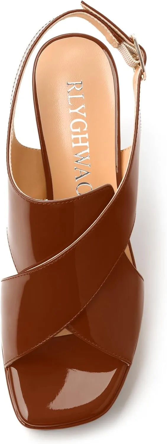 Women's Platform Sandals, Slingback Open Toe Buckle Heels for Women, Fashion Solid Patent High Heel Shoes 3.35 inch