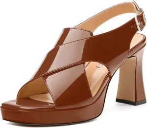 Women's Platform Sandals, Slingback Open Toe Buckle Heels for Women, Fashion Solid Patent High Heel Shoes 3.35 inch