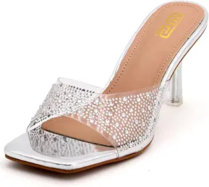 Women's Rhinestone Stiletto Sandals Elegant Square Open Toe Backless Slip-On High Heel Dress Sides Shoes with Clear Rhinestone Design for Evening Party and Wedding Events
