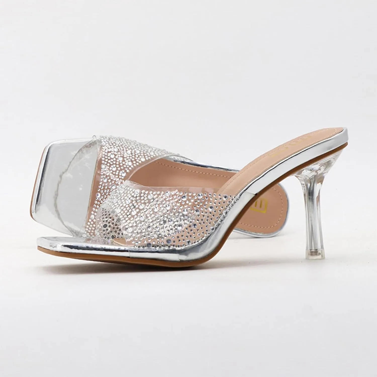 Women's Rhinestone Stiletto Sandals Elegant Square Open Toe Backless Slip-On High Heel Dress Sides Shoes with Clear Rhinestone Design for Evening Party and Wedding Events