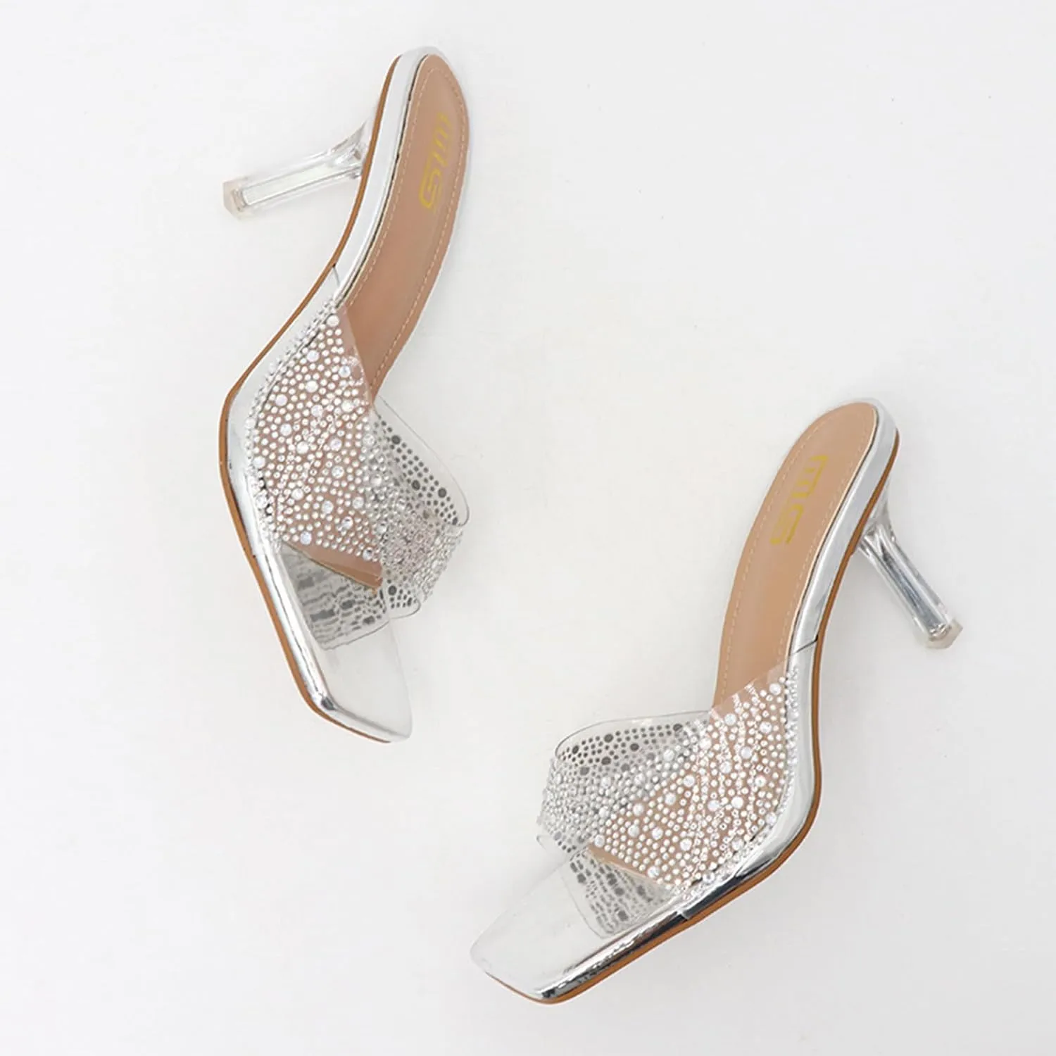 Women's Rhinestone Stiletto Sandals Elegant Square Open Toe Backless Slip-On High Heel Dress Sides Shoes with Clear Rhinestone Design for Evening Party and Wedding Events