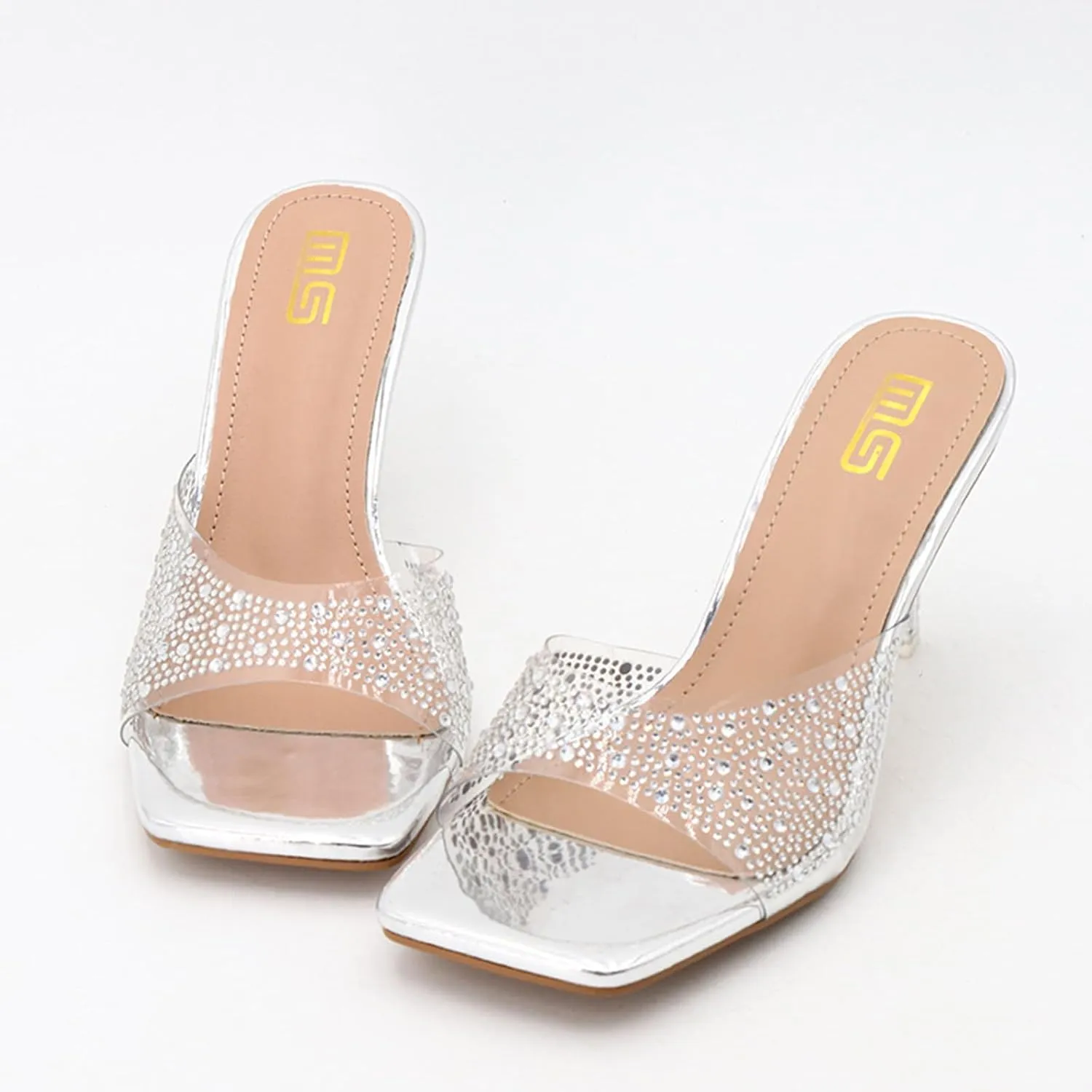 Women's Rhinestone Stiletto Sandals Elegant Square Open Toe Backless Slip-On High Heel Dress Sides Shoes with Clear Rhinestone Design for Evening Party and Wedding Events