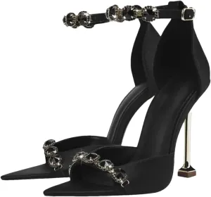 Women's Satin Chain Strap Sandals, Black Pointed Toe Stiletto Summer Heels