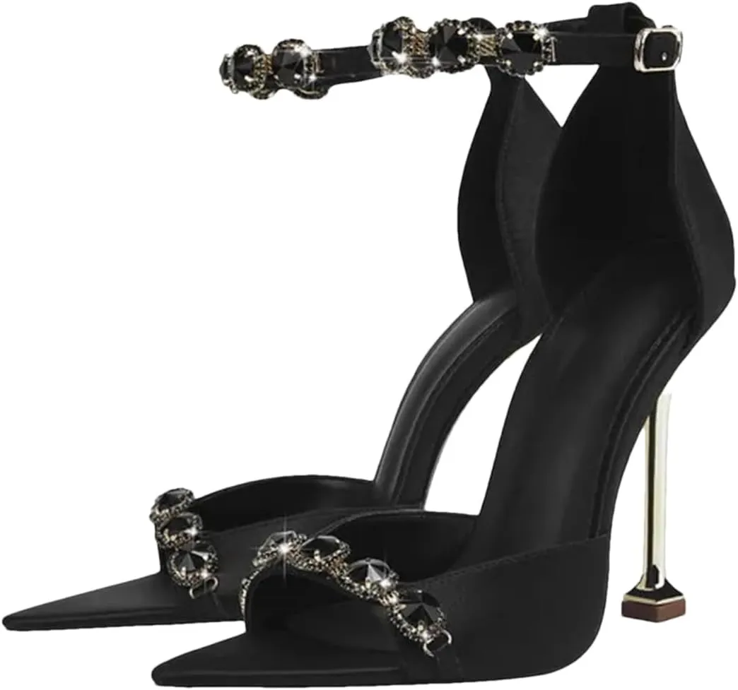 Women's Satin Chain Strap Sandals, Black Pointed Toe Stiletto Summer Heels
