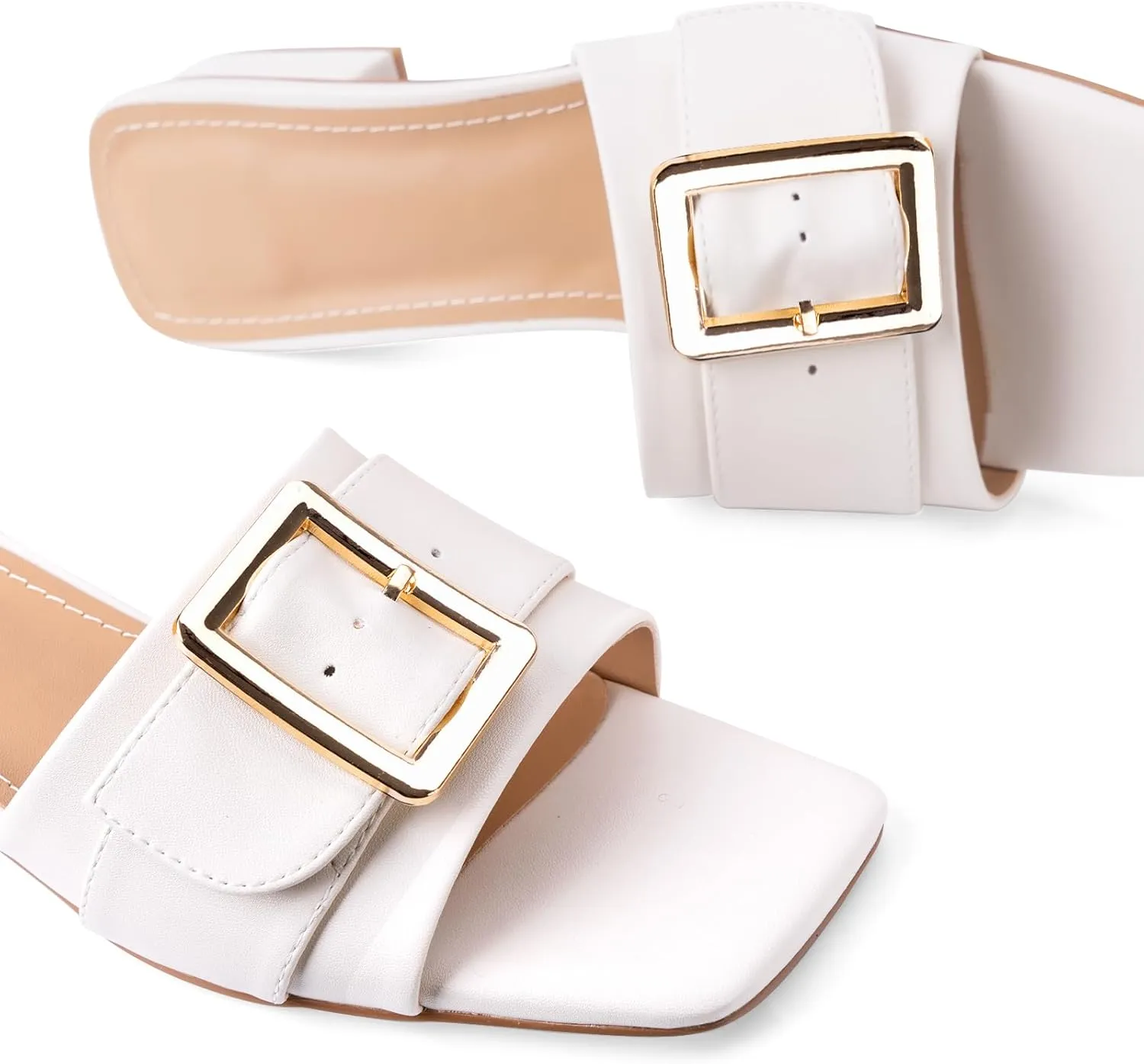 Women's Slide Heeled Sandals Opened Square Toe Chunky Block Heel Slippers with Buckle Slip on Casual Comfortable Pumps