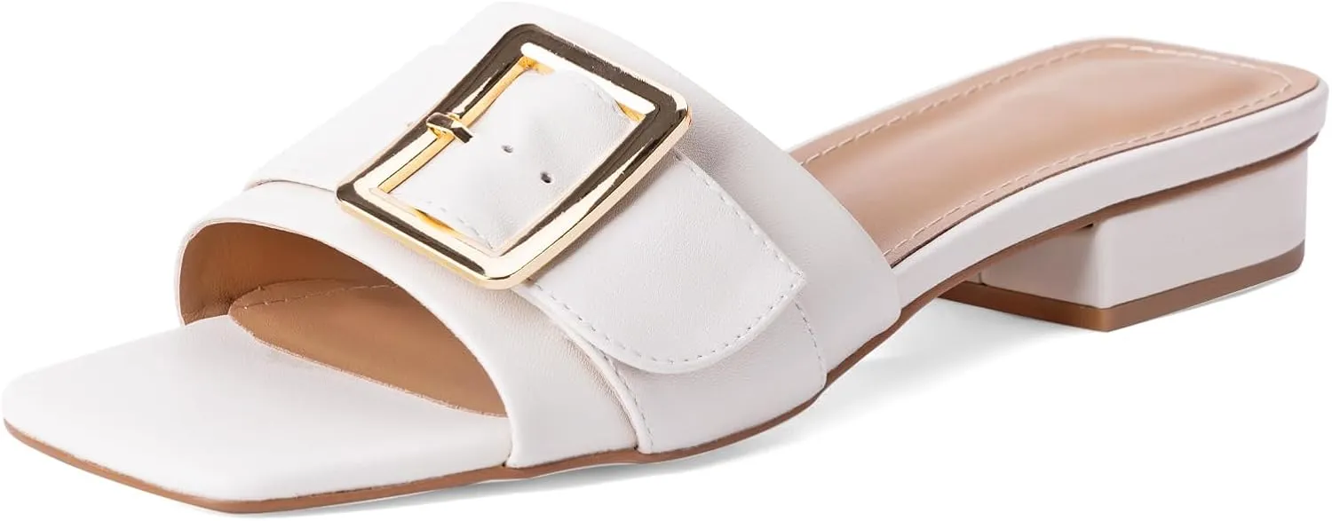 Women's Slide Heeled Sandals Opened Square Toe Chunky Block Heel Slippers with Buckle Slip on Casual Comfortable Pumps