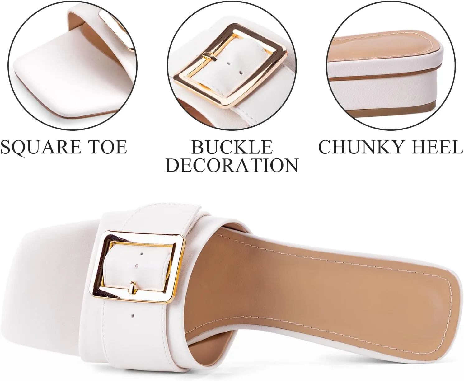 Women's Slide Heeled Sandals Opened Square Toe Chunky Block Heel Slippers with Buckle Slip on Casual Comfortable Pumps