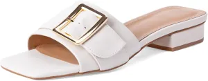 Women's Slide Heeled Sandals Opened Square Toe Chunky Block Heel Slippers with Buckle Slip on Casual Comfortable Pumps