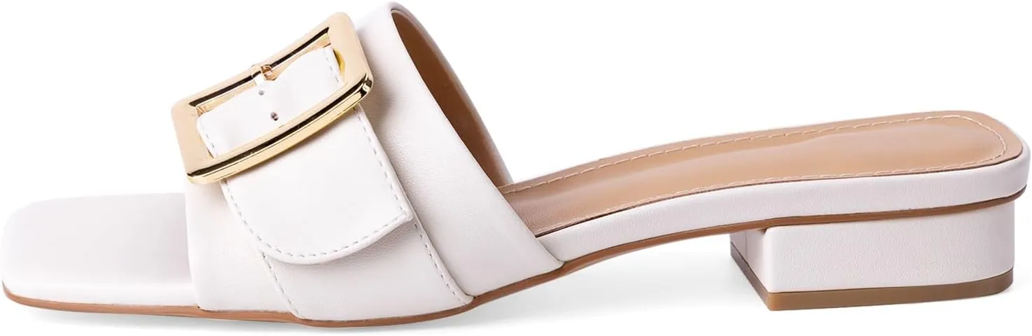Women's Slide Heeled Sandals Opened Square Toe Chunky Block Heel Slippers with Buckle Slip on Casual Comfortable Pumps
