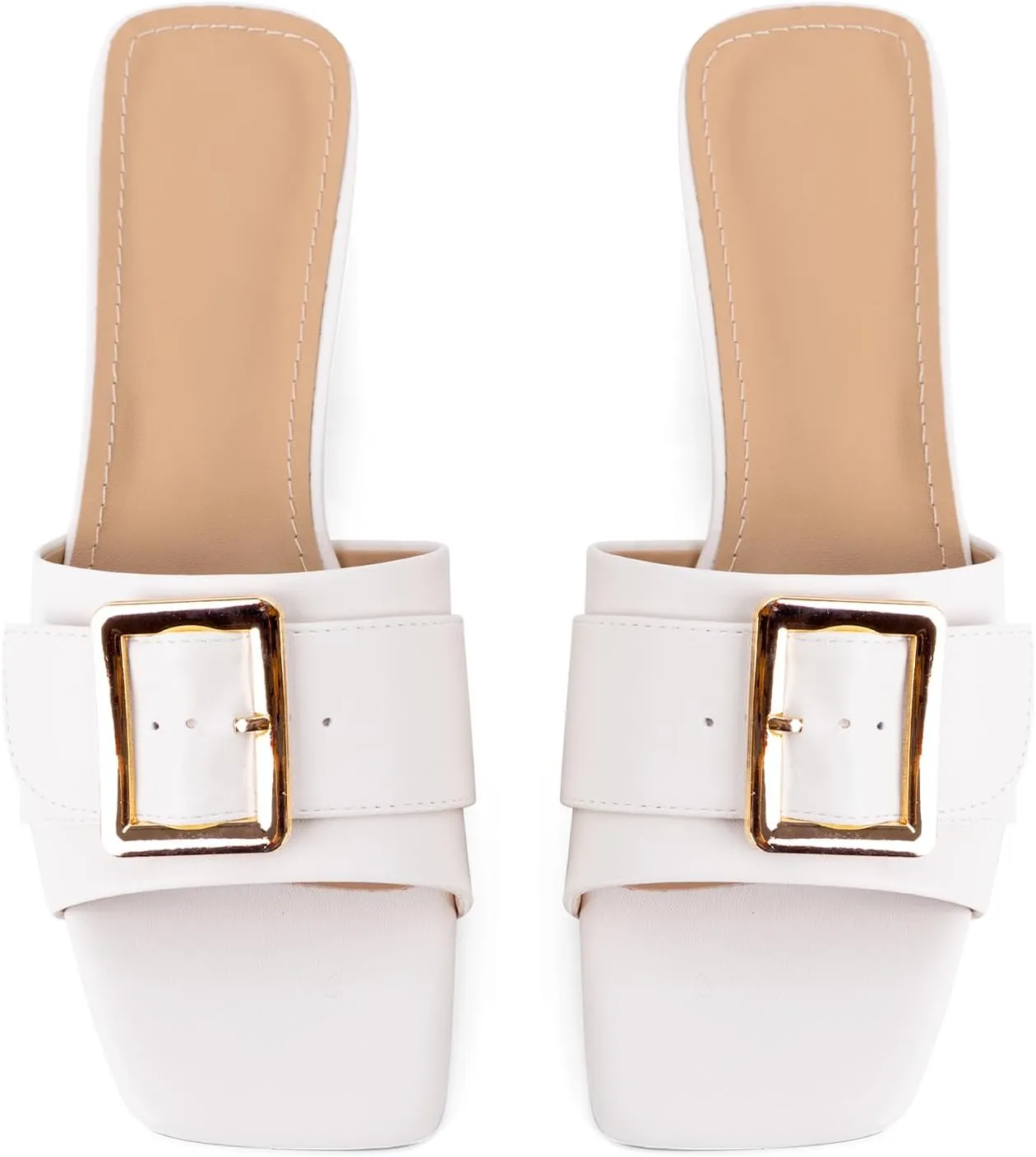 Women's Slide Heeled Sandals Opened Square Toe Chunky Block Heel Slippers with Buckle Slip on Casual Comfortable Pumps