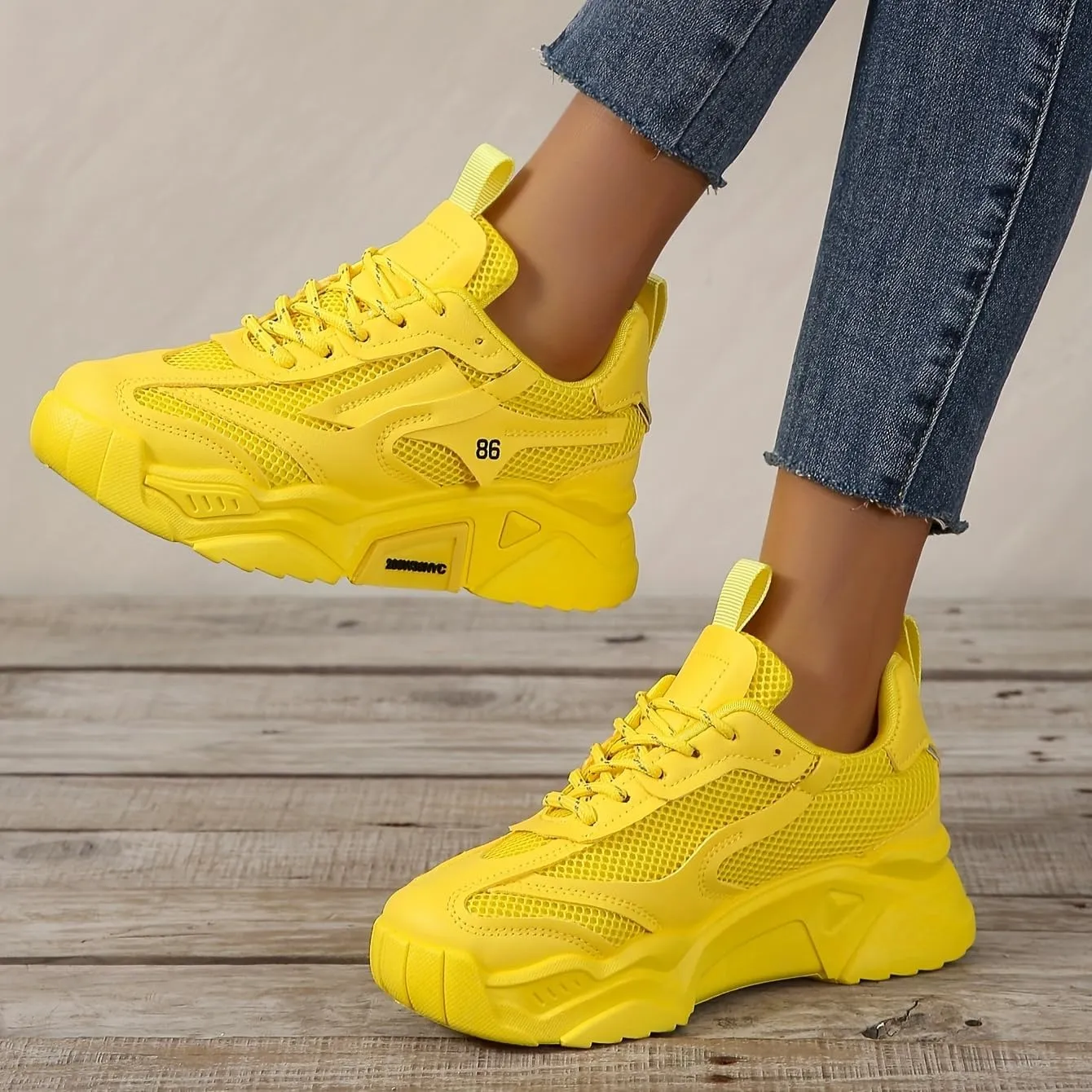 Women's Sneakers Low-top Women's Breathable Solid Color Mesh Sneakers, Lace Up Platform Casual Trainers