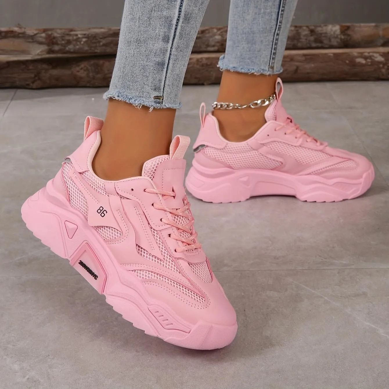 Women's Sneakers Low-top Women's Breathable Solid Color Mesh Sneakers, Lace Up Platform Casual Trainers