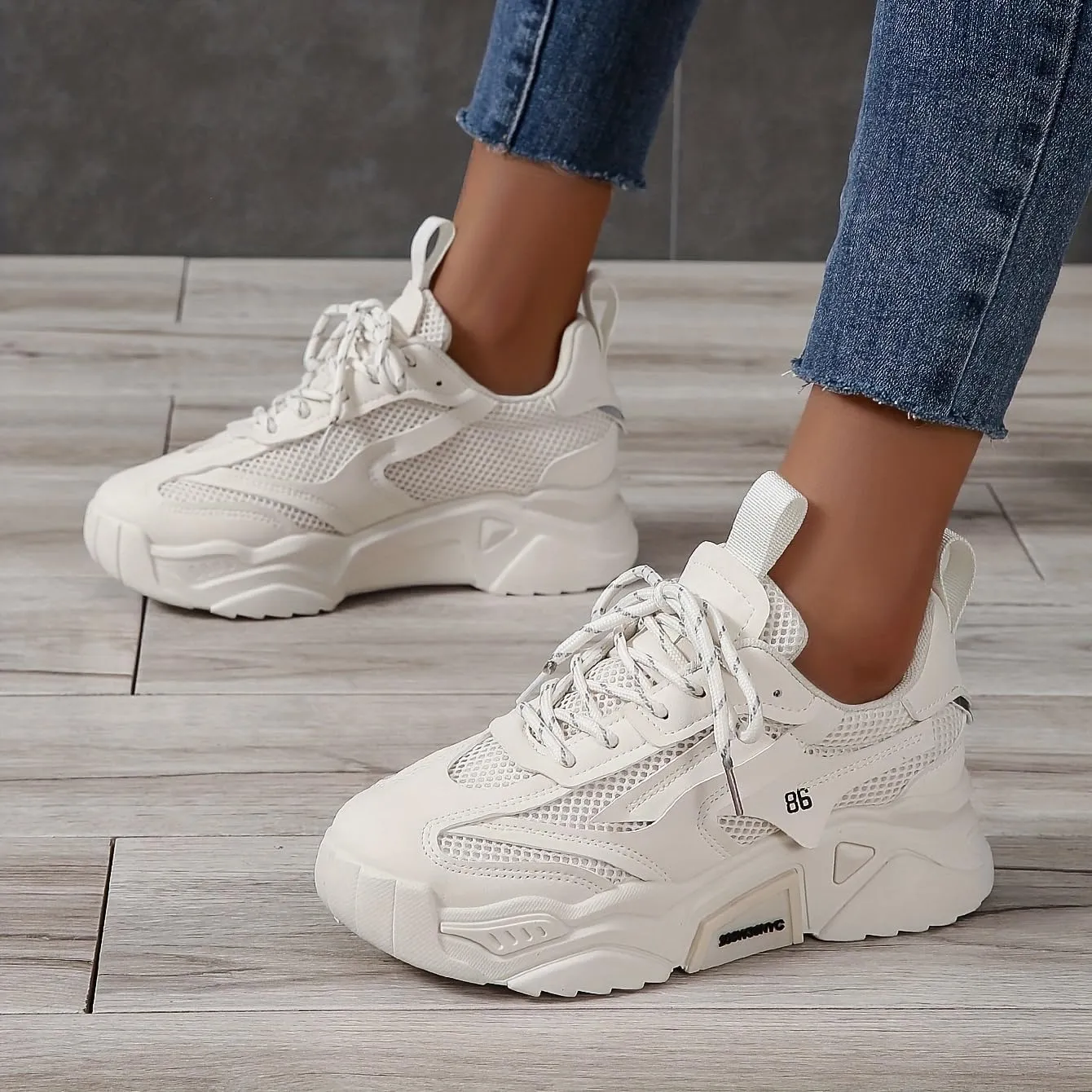 Women's Sneakers Low-top Women's Breathable Solid Color Mesh Sneakers, Lace Up Platform Casual Trainers