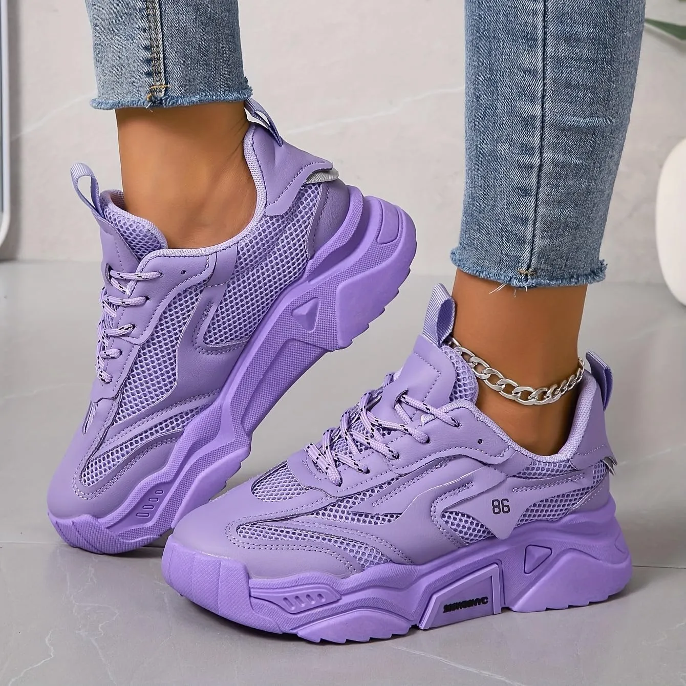 Women's Sneakers Low-top Women's Breathable Solid Color Mesh Sneakers, Lace Up Platform Casual Trainers
