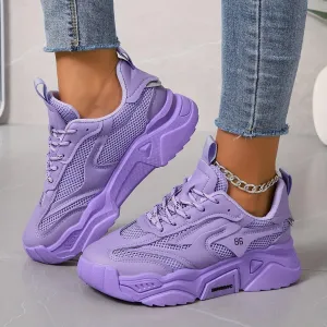 Women's Sneakers Low-top Women's Breathable Solid Color Mesh Sneakers, Lace Up Platform Casual Trainers