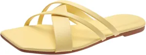 Women's Solid Rubber Sole Sandal Spaghetti Strap Square Neck Slipper Slip on Flat Slide Trendy Business Slippers