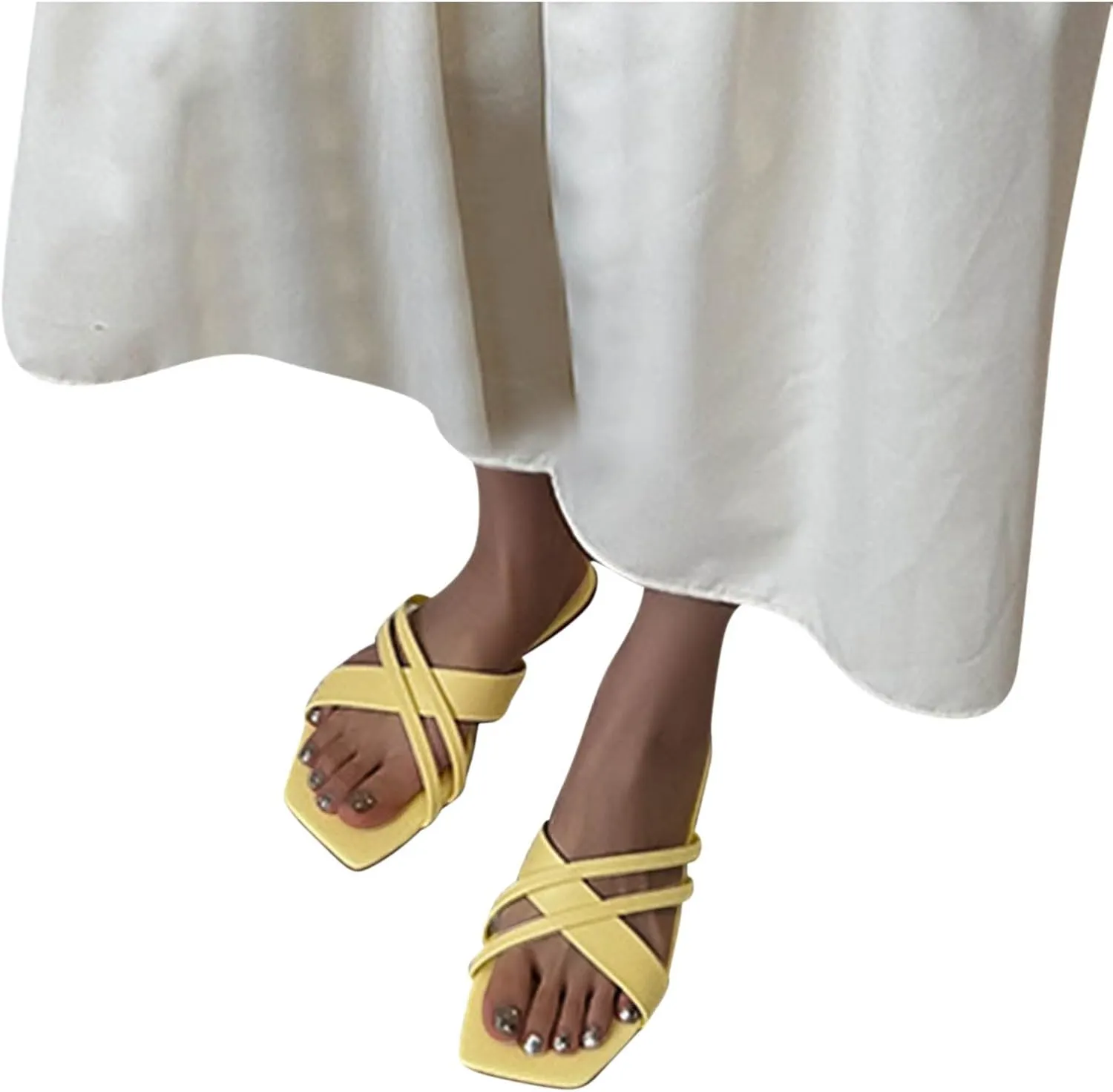 Women's Solid Rubber Sole Sandal Spaghetti Strap Square Neck Slipper Slip on Flat Slide Trendy Business Slippers