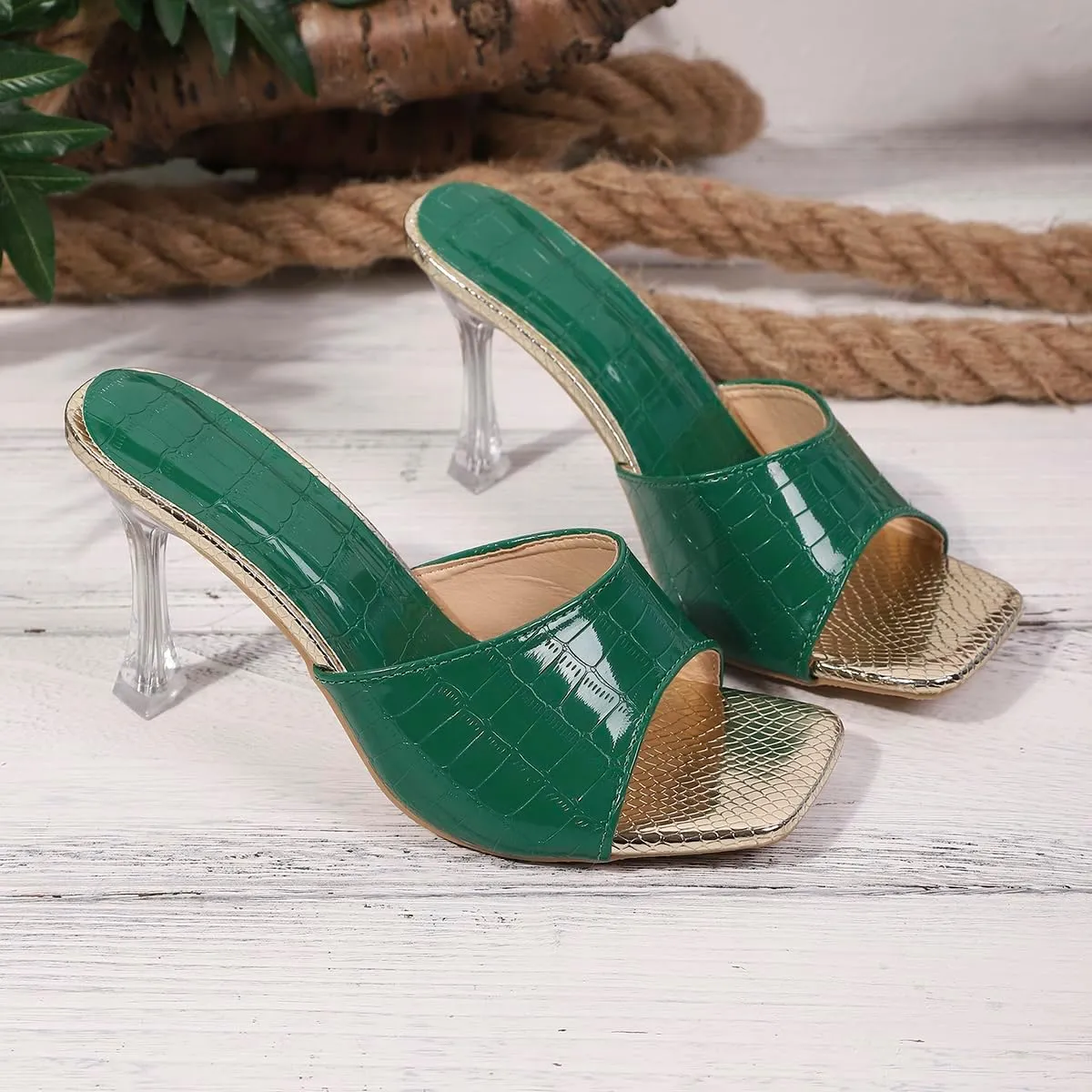 Women's Square Toe Mules, Green Crocodile Pattern, Clear Heel Sandals with Gold Metallic Sole