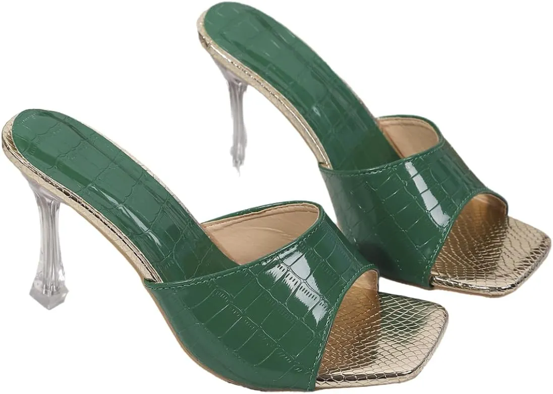 Women's Square Toe Mules, Green Crocodile Pattern, Clear Heel Sandals with Gold Metallic Sole