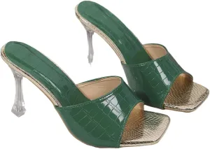 Women's Square Toe Mules, Green Crocodile Pattern, Clear Heel Sandals with Gold Metallic Sole