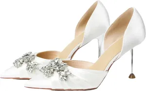 Women's Summer Baotou Water Diamond Sandals, Pointed Heel White Silk High Heels