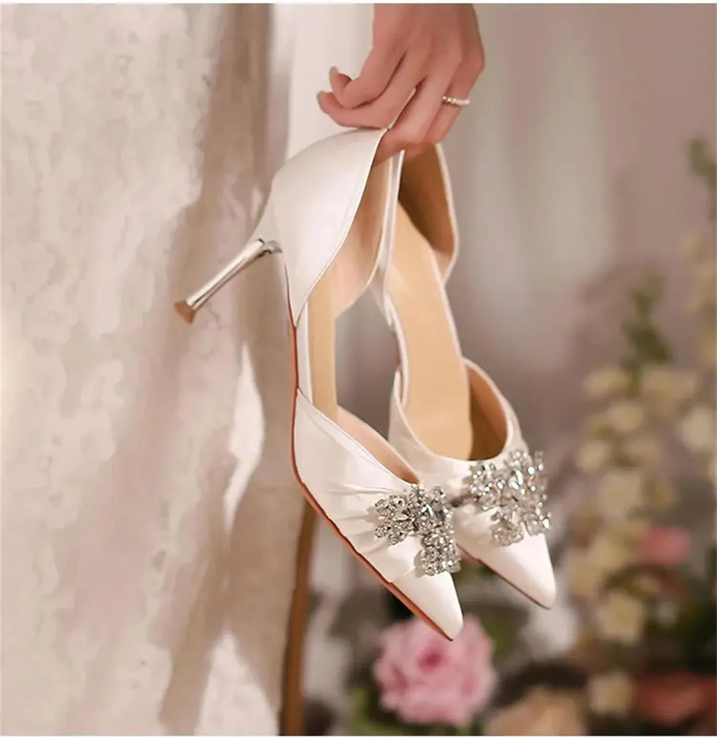 Women's Summer Baotou Water Diamond Sandals, Pointed Heel White Silk High Heels