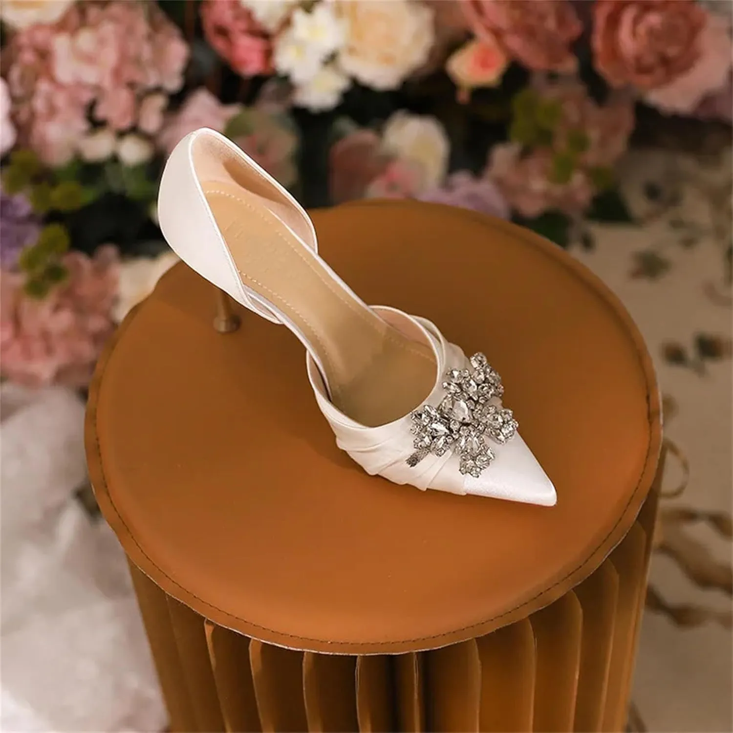 Women's Summer Baotou Water Diamond Sandals, Pointed Heel White Silk High Heels