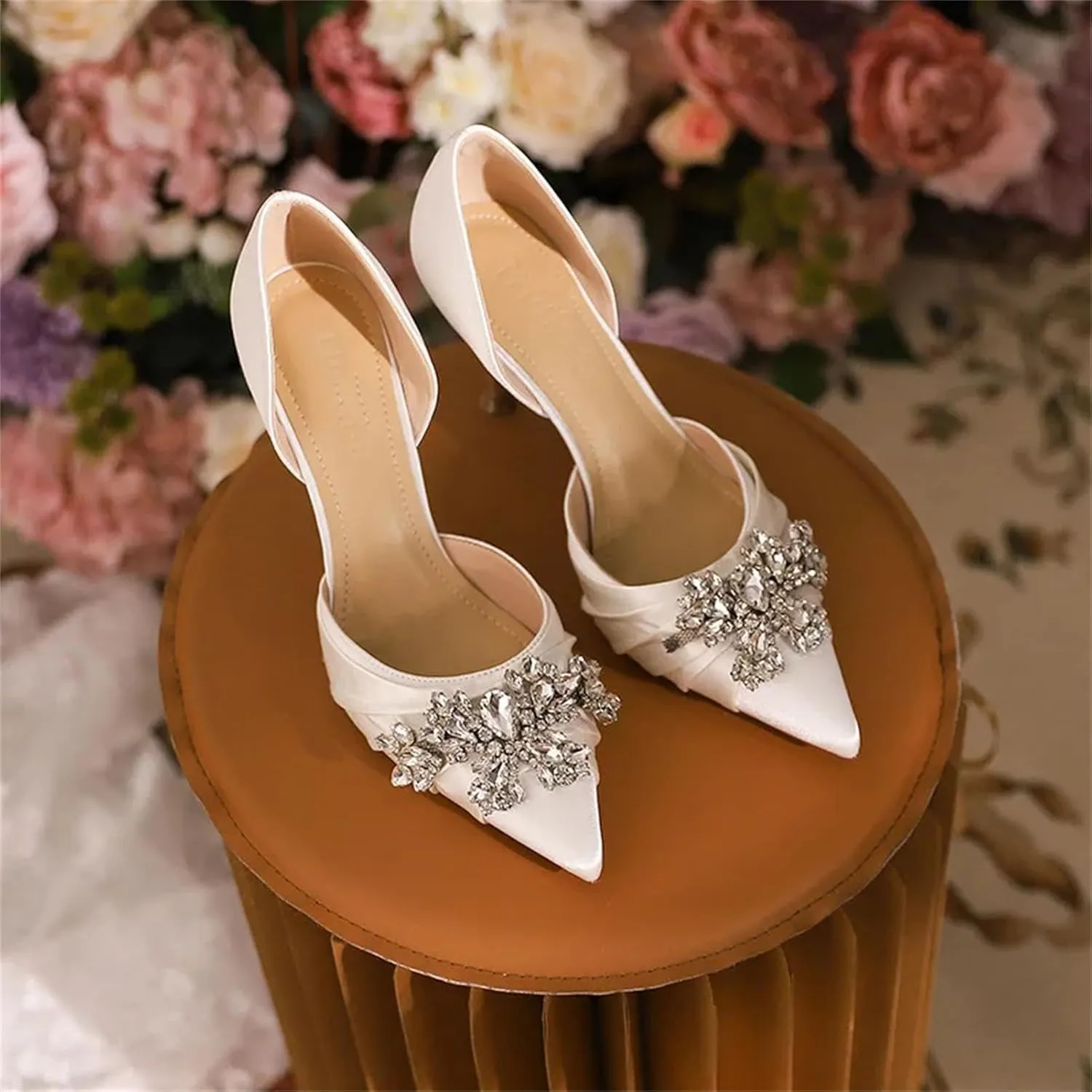 Women's Summer Baotou Water Diamond Sandals, Pointed Heel White Silk High Heels
