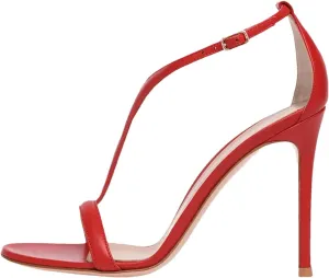 Women's T-Strap Open Toe Sandals, Red Black Stiletto Party Heels