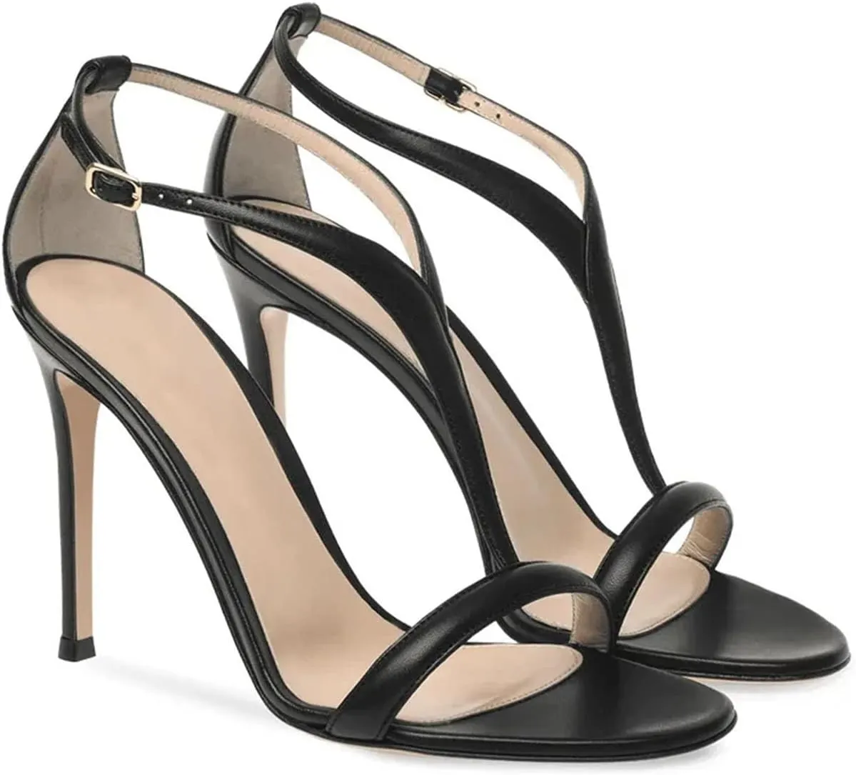 Women's T-Strap Open Toe Sandals, Red Black Stiletto Party Heels