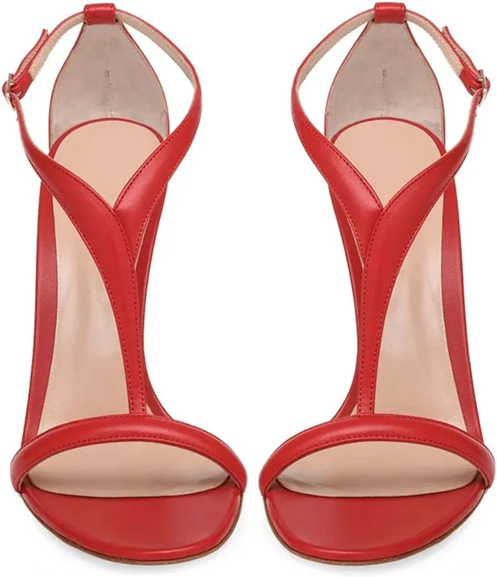Women's T-Strap Open Toe Sandals, Red Black Stiletto Party Heels