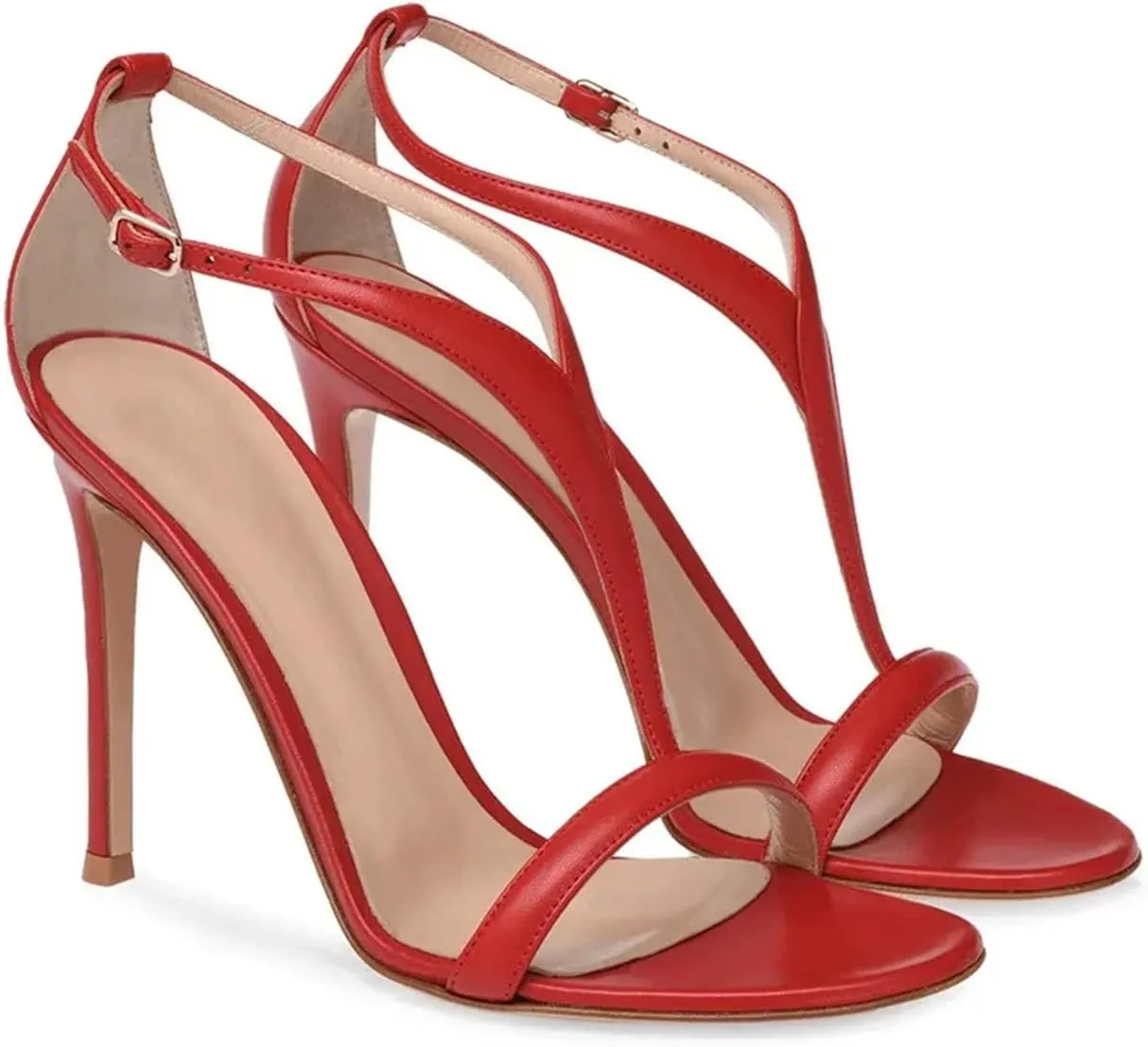 Women's T-Strap Open Toe Sandals, Red Black Stiletto Party Heels