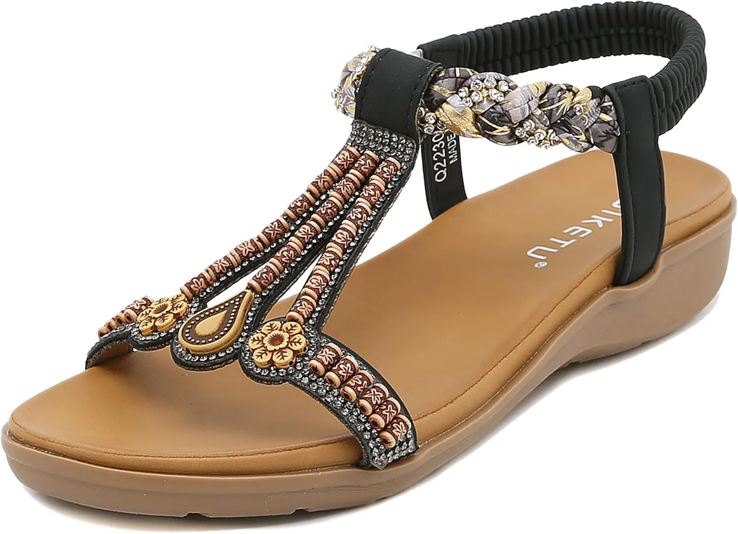 Womens T-Strap Sandals Bohemian Beaded Flat Sandals Ladies Comfortable Open Toe Elastic Ankle Strap Sandals Dress Summer Beach Shoes