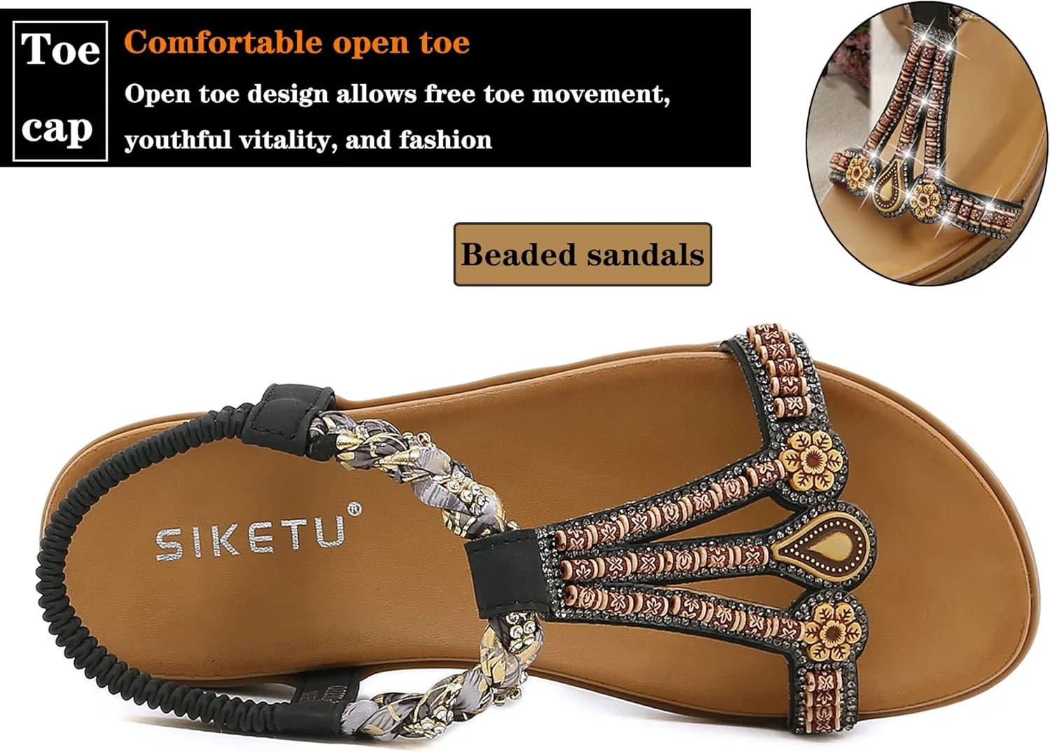 Womens T-Strap Sandals Bohemian Beaded Flat Sandals Ladies Comfortable Open Toe Elastic Ankle Strap Sandals Dress Summer Beach Shoes