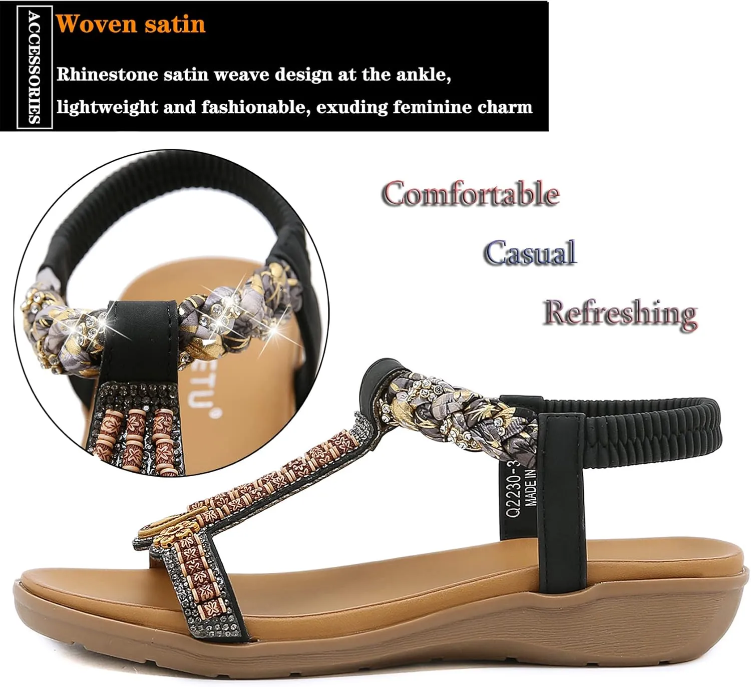 Womens T-Strap Sandals Bohemian Beaded Flat Sandals Ladies Comfortable Open Toe Elastic Ankle Strap Sandals Dress Summer Beach Shoes