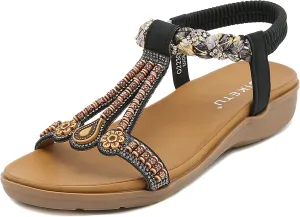 Womens T-Strap Sandals Bohemian Beaded Flat Sandals Ladies Comfortable Open Toe Elastic Ankle Strap Sandals Dress Summer Beach Shoes