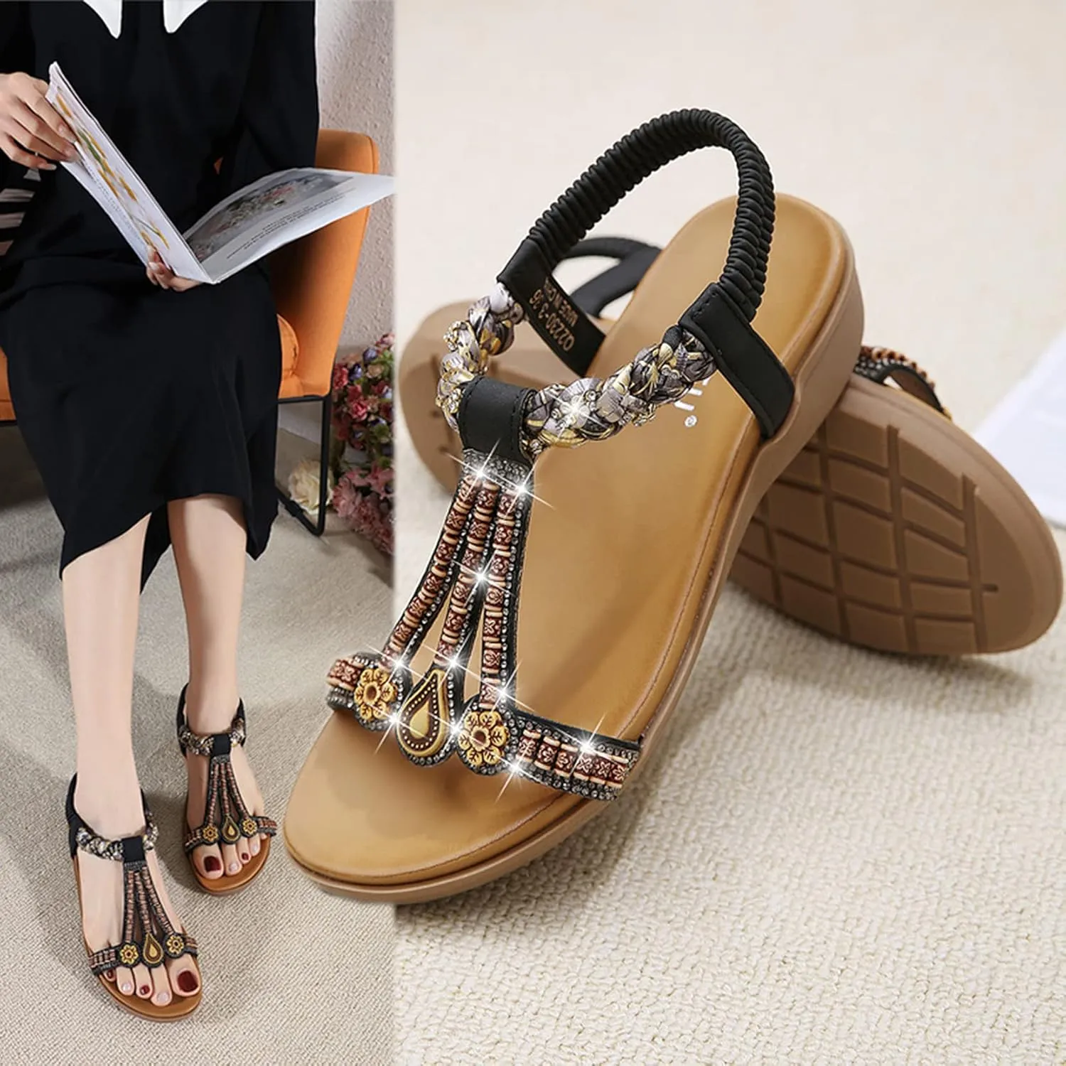 Womens T-Strap Sandals Bohemian Beaded Flat Sandals Ladies Comfortable Open Toe Elastic Ankle Strap Sandals Dress Summer Beach Shoes