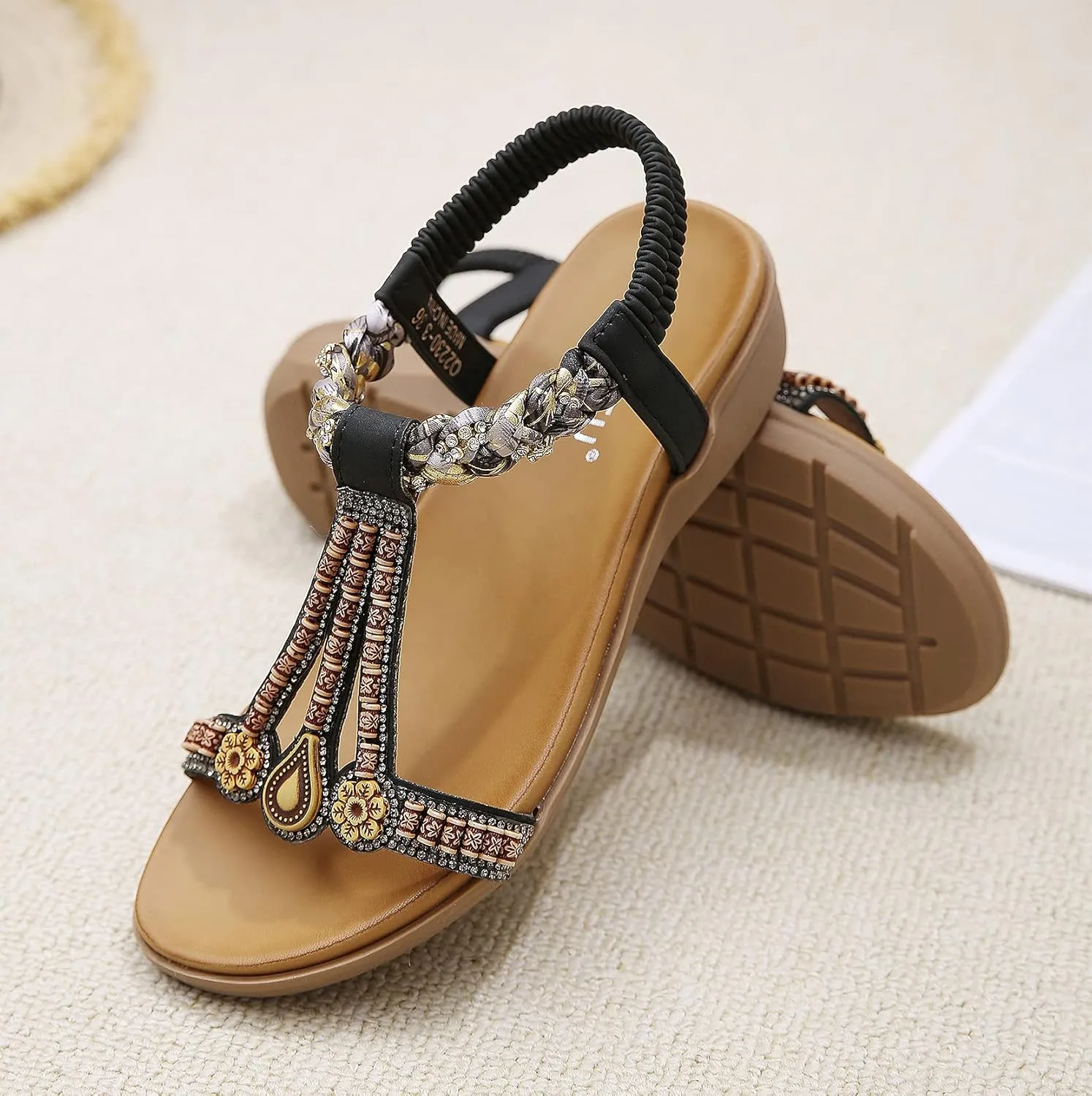 Womens T-Strap Sandals Bohemian Beaded Flat Sandals Ladies Comfortable Open Toe Elastic Ankle Strap Sandals Dress Summer Beach Shoes