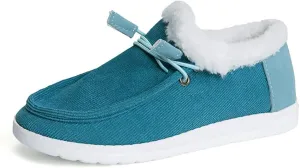 Women's Warm Lace up Loafers Casual Cozy Flat Slip on Wide Width Shoes Non-Slip Lightweight Canvas Driving Walking Shoes