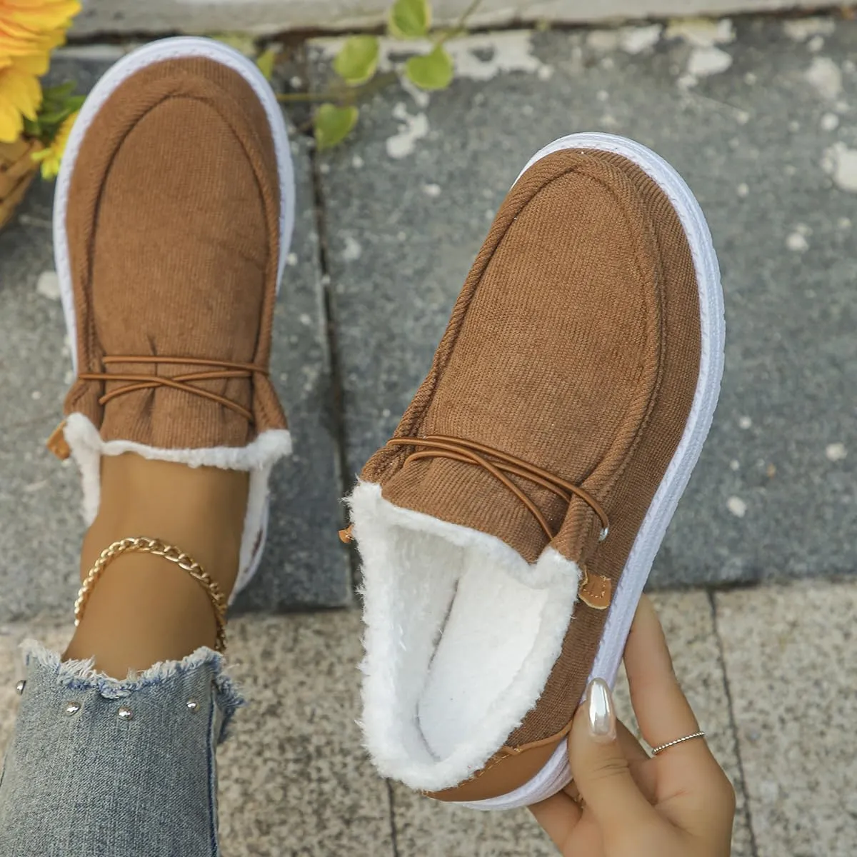 Women's Warm Lace up Loafers Casual Cozy Flat Slip on Wide Width Shoes Non-Slip Lightweight Canvas Driving Walking Shoes