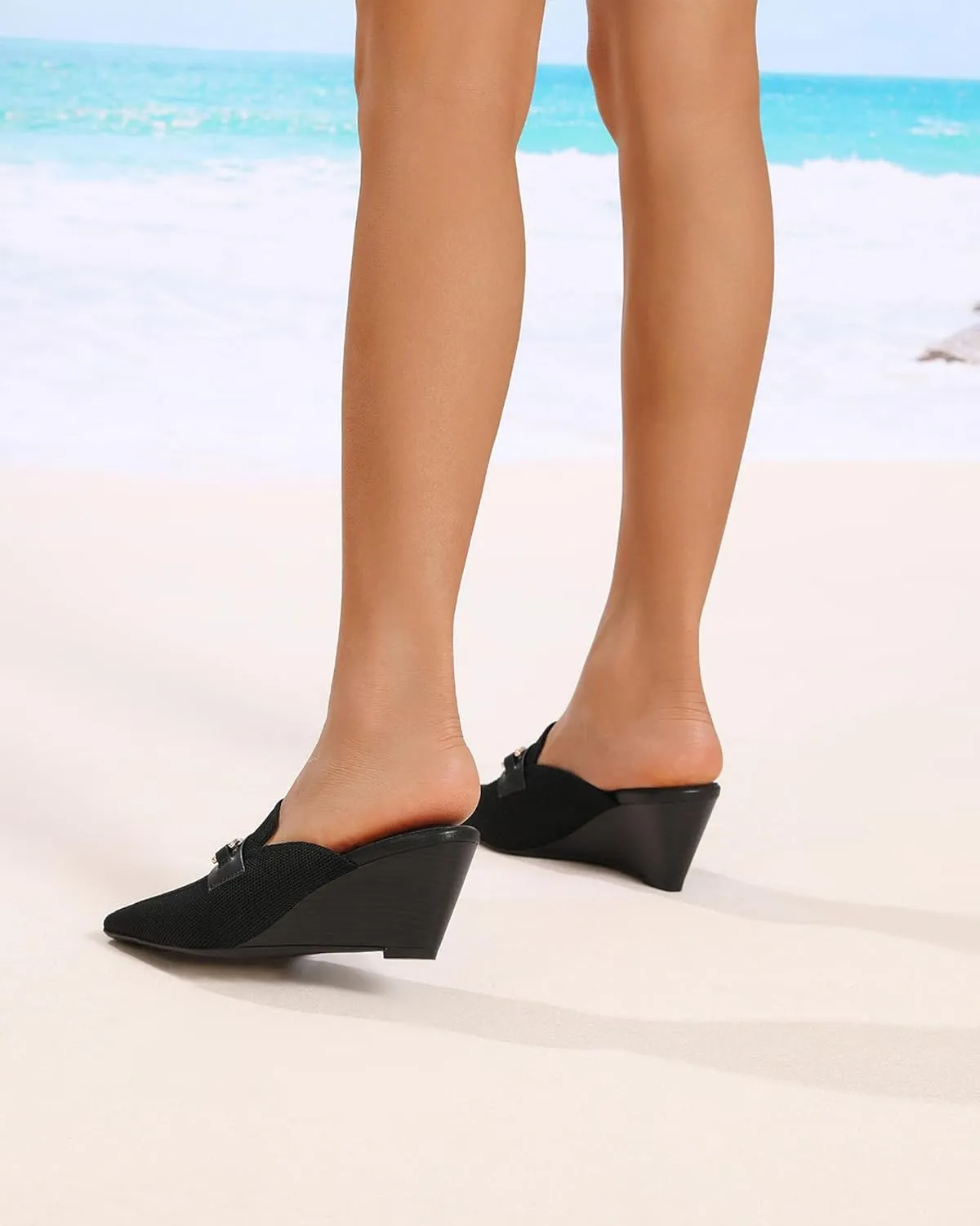 Women's Wedge Mules Mid Heel Sandals Pointed Toe Dressy Sandals Comfortable Heels Wedding Casual Shoes