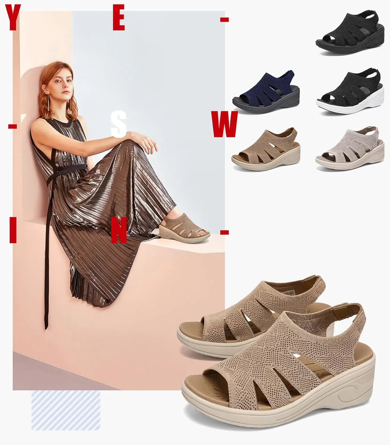 Womens Wedge Sandals Platform Walking Sandals Open Toe Ankle Elastic Strap Casual Comfortable Summer Dressy