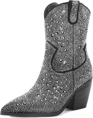 Women's Western Rheinstone Cowboy Boots Block Heel Pointed Toe Flash Ankle Boots for Outdoor Party Side Zip Comfort Booties